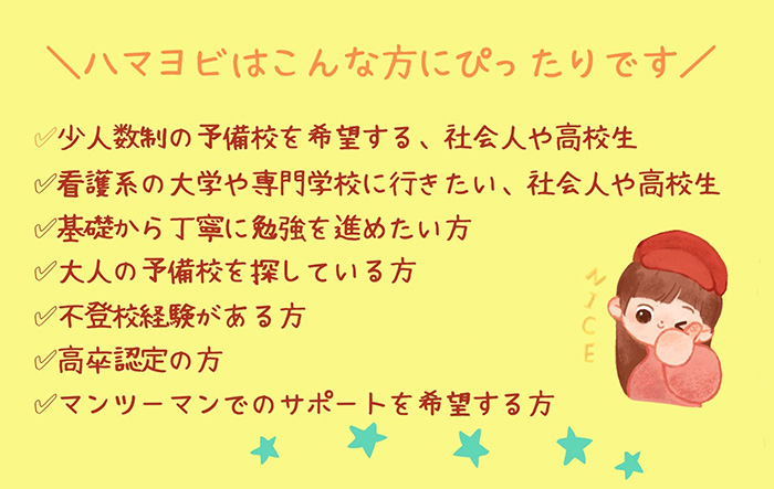 ハマヨビはこんな方にぴったりです：少人数制の予備校を希望する社会人や高校生　看護系の大学や専門学校に行きたい社会人や高校生